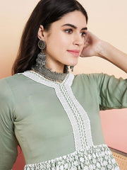 Green V-Neck Floral Embroidered Chikankari Pure Cotton Anarkali Kurta with Palazzos