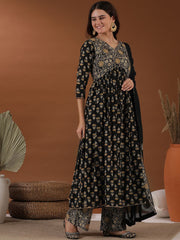 Black Floral Printed Thread Work A-Line Kurta With Palazzos & Dupatta