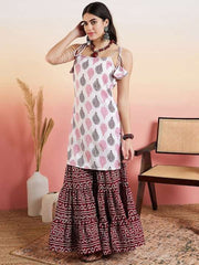 White & Pink Ethnic Motifs Printed Straight Pure Cotton Kurta With Sharara