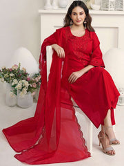 Amyra Dastur Red Floral Regular Thread Work Pure Silk Straight Kurta with Trousers & Dupatta