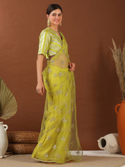 Yellow Floral Embroidered Net Saree