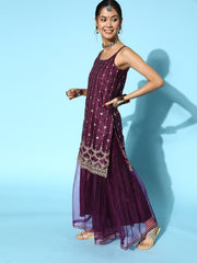 Women Mauve Ethnic Motifs Net Ethereal Embroidery Kurta Set