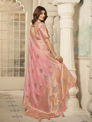 Pink Zari Organza Woven Design Saree