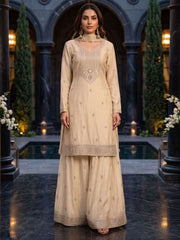 Beige Premium Chinnon Hand Beads Work Palazzo Suit