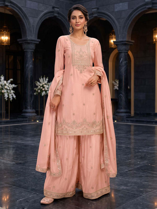 Pink Premium Chinnon Hand Beads Work Palazzo Suit