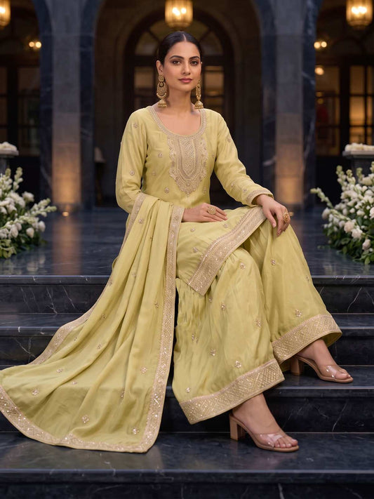 Green Premium Chinnon Hand Beads Work Palazzo Suit
