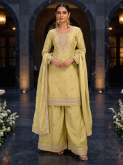Green Premium Chinnon Hand Beads Work Palazzo Suit