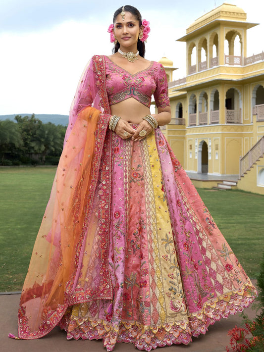 Pink Multicolored Traditional Embroidery Bridal Lehenga Choli