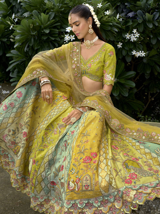 Yellow And Teal Traditional Embroidery Bridal Lehenga Choli