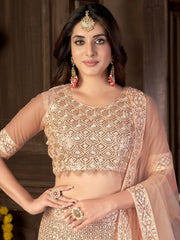Peach-Coloured & Gold-Toned Embroidered Sequinned Semi-Stitched Lehenga & Unstitched Blouse With