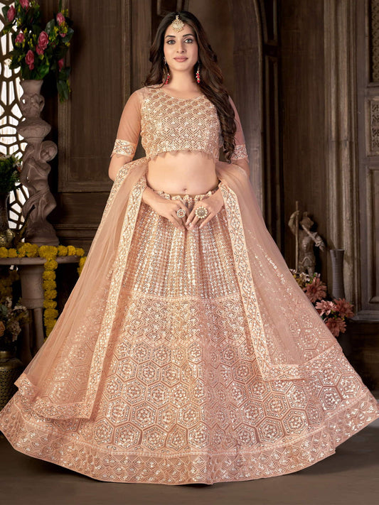 Peach-Coloured & Gold-Toned Embroidered Sequinned Semi-Stitched Lehenga & Unstitched Blouse With