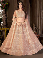 Peach-Coloured & Gold-Toned Embroidered Sequinned Semi-Stitched Lehenga & Unstitched Blouse With