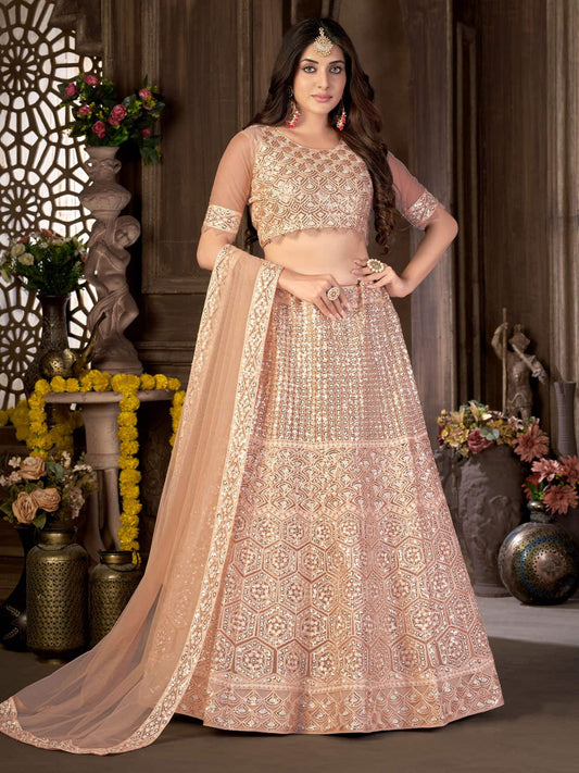 Peach-Coloured & Gold-Toned Embroidered Sequinned Semi-Stitched Lehenga & Unstitched Blouse With