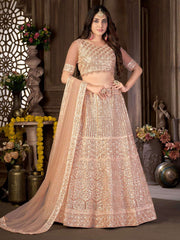 Peach-Coloured & Gold-Toned Embroidered Sequinned Semi-Stitched Lehenga & Unstitched Blouse With