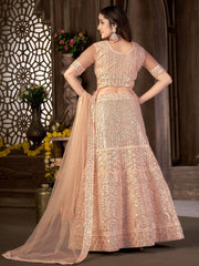 Peach-Coloured & Gold-Toned Embroidered Sequinned Semi-Stitched Lehenga & Unstitched Blouse With