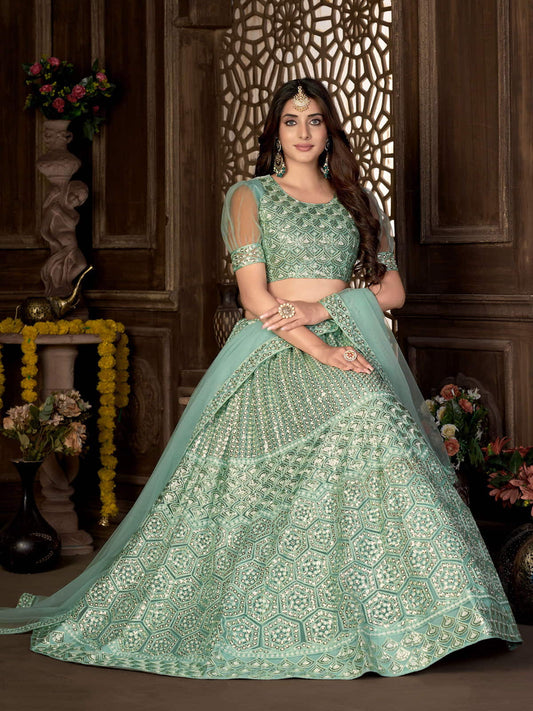 Sea Green Sequins Embroidered Netted Lehenga Choli