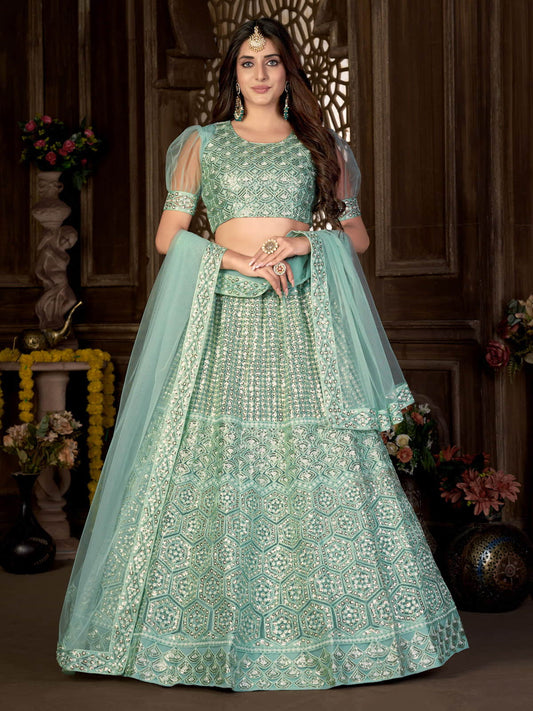 Sea Green Sequins Embroidered Netted Lehenga Choli