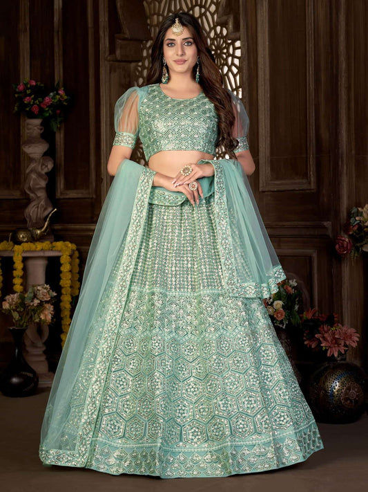 Sea Green Sequins Embroidered Netted Lehenga Choli