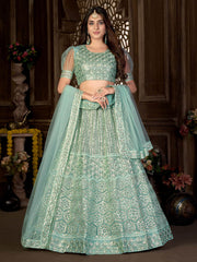 Sea Green Sequins Embroidered Netted Lehenga Choli