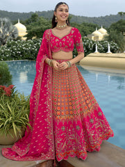 Magenta And Orange Traditional Embroidery Bridal Lehenga Choli