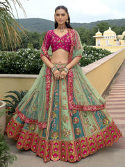 Pink And Sea Green Traditional Embroidery Bridal Lehenga Choli