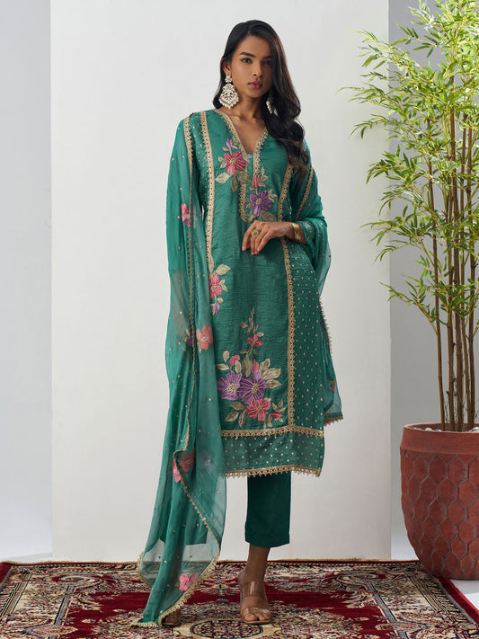 Green Fancy Crush Floral Straight Salwar Suit