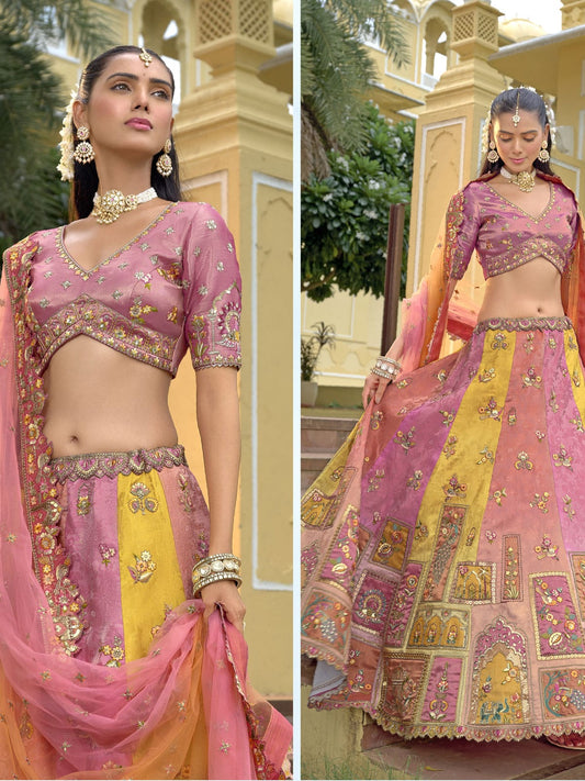 Pink And Peach Traditional Embroidery Bridal Lehenga Choli