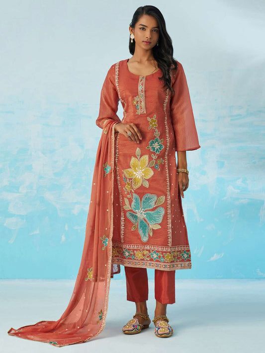 Coral Pant Suit With Dupatta