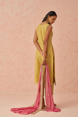 Yellow Thread Embroidery Silk Haldi Wear Pant Suit