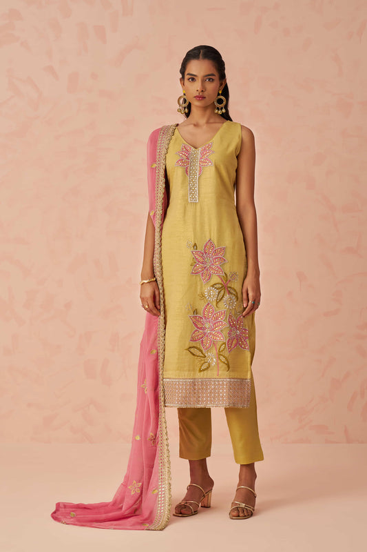 Yellow Thread Embroidery Silk Haldi Wear Pant Suit