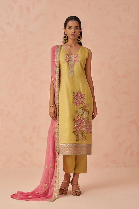 Yellow Thread Embroidery Silk Haldi Wear Pant Suit