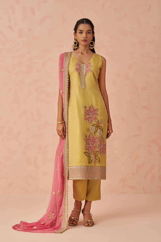 Yellow Thread Embroidery Silk Haldi Wear Pant Suit