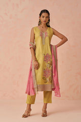 Yellow Thread Embroidery Silk Haldi Wear Pant Suit