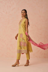 Yellow Thread Embroidery Silk Haldi Wear Pant Suit