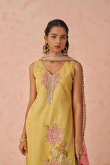 Yellow Thread Embroidery Silk Haldi Wear Pant Suit