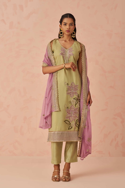 Pista Green Floral Embroidered Silk Festive Wear Pant Suit