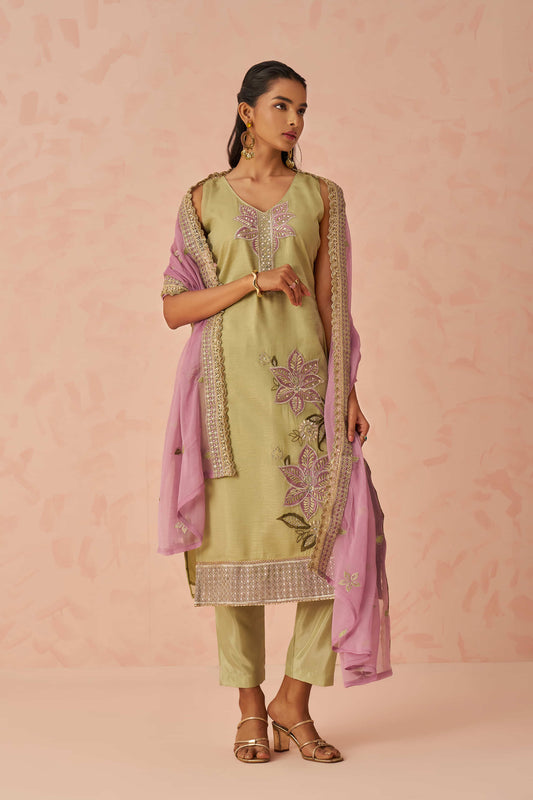 Pista Green Floral Embroidered Silk Festive Wear Pant Suit