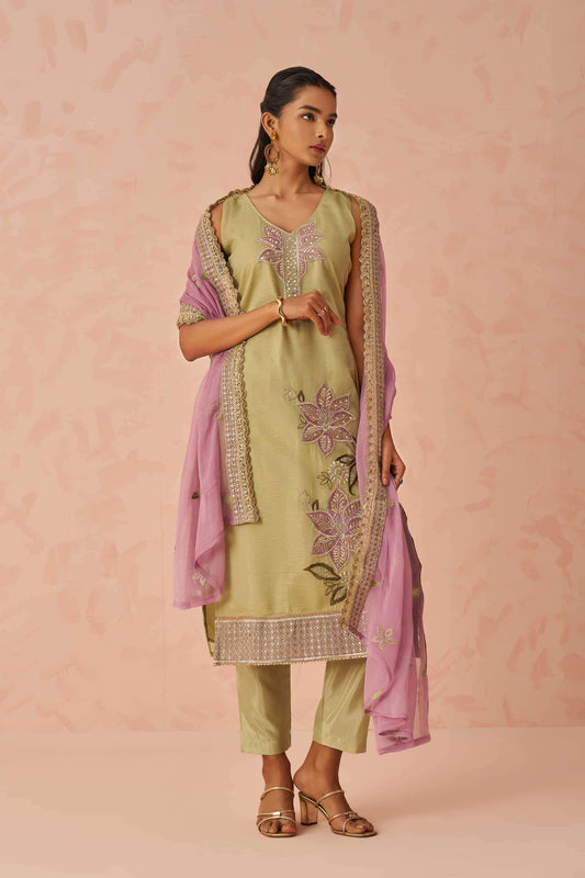 Pista Green Floral Embroidered Silk Festive Wear Pant Suit