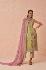 Pista Green Floral Embroidered Silk Festive Wear Pant Suit