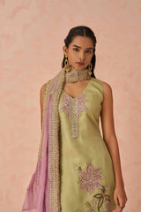 Pista Green Floral Embroidered Silk Festive Wear Pant Suit