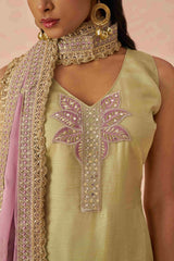 Pista Green Floral Embroidered Silk Festive Wear Pant Suit
