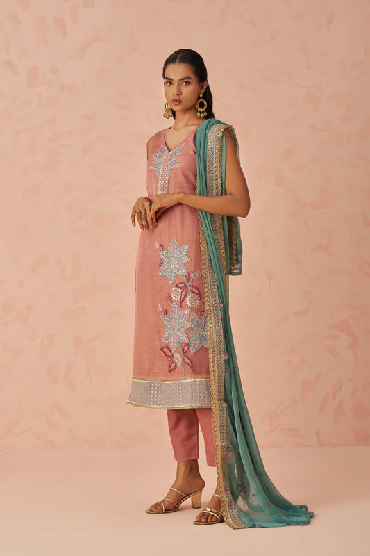 Peach Sequins Work Silk Event Wear Pant Suit With Dupatta