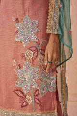 Peach Sequins Work Silk Event Wear Pant Suit With Dupatta