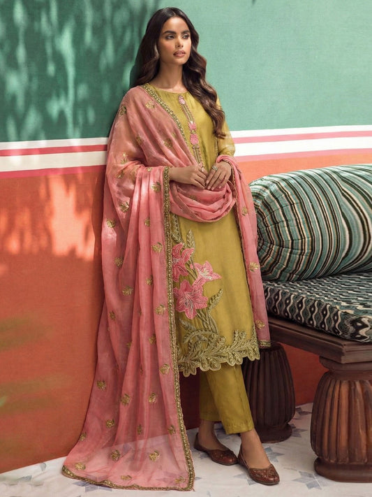 Yellow Pink Floral Embroidered Straight Cut Suit