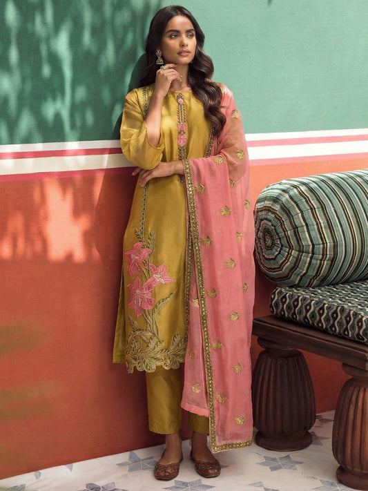 Yellow Pink Floral Embroidered Straight Cut Suit