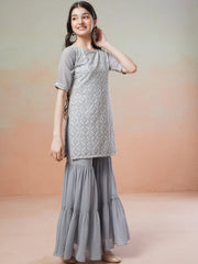 Girls Grey Floral Embroidered Round Neck Thread Work Kurta with Sharara