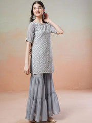 Girls Grey Floral Embroidered Round Neck Thread Work Kurta with Sharara