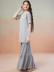 Girls Grey Floral Embroidered Round Neck Thread Work Kurta with Sharara