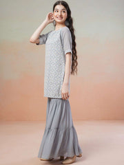 Girls Grey Floral Embroidered Round Neck Thread Work Kurta with Sharara