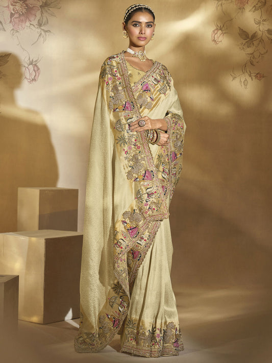 Beige Golden Handwork Embroidery Saree